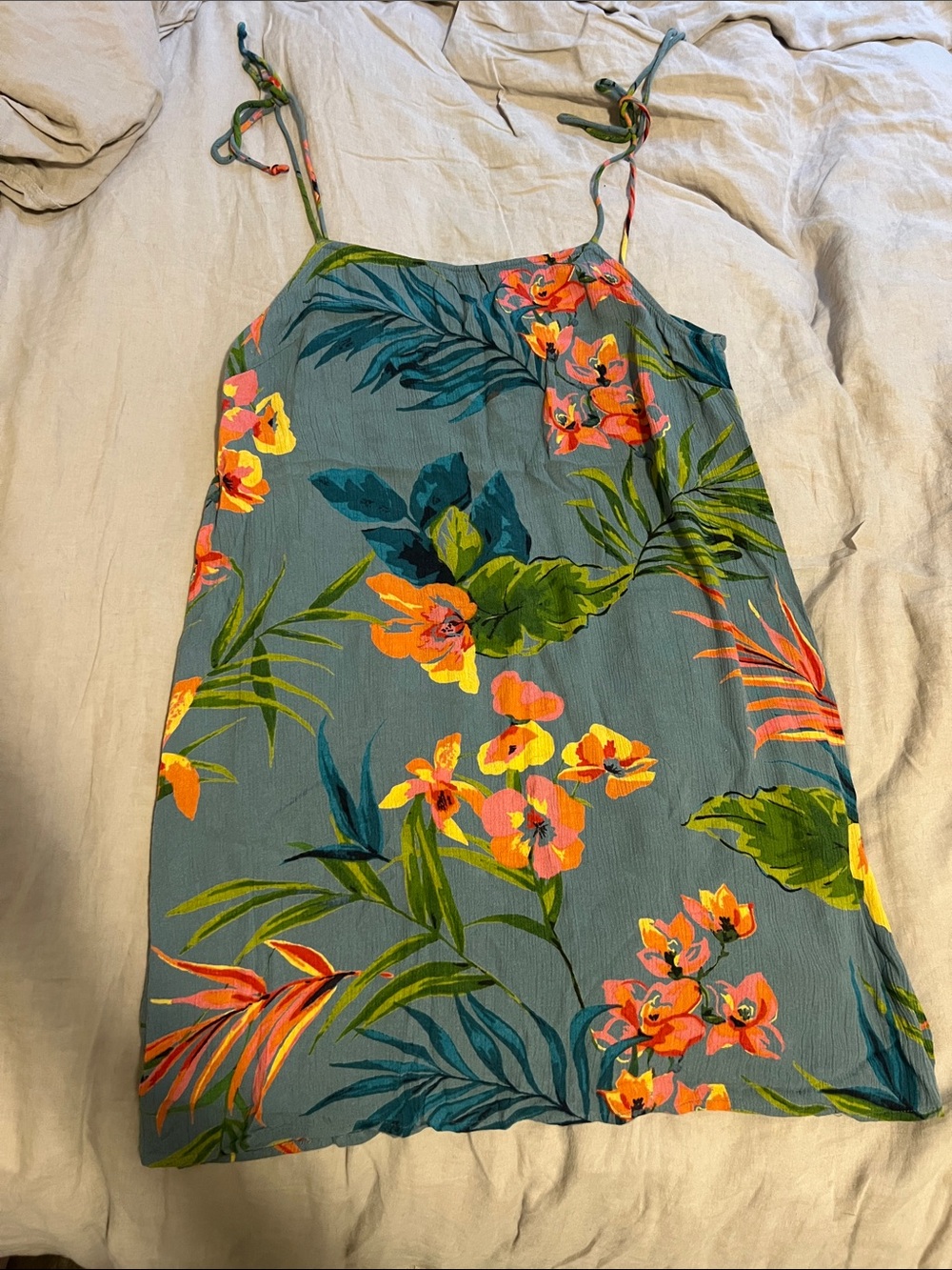 Billabong Teal Floral Slip Dress with Orange, Pink & Yellow Blooms